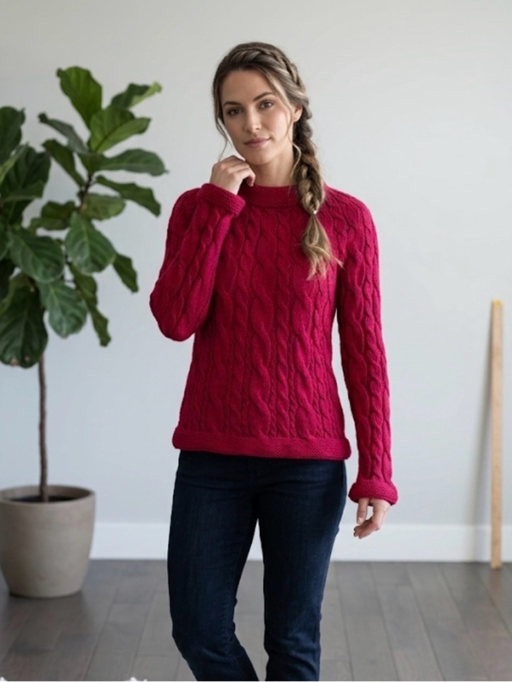 525 America Cable Knit Crewneck Sweater - Raspberry Pink Sz S